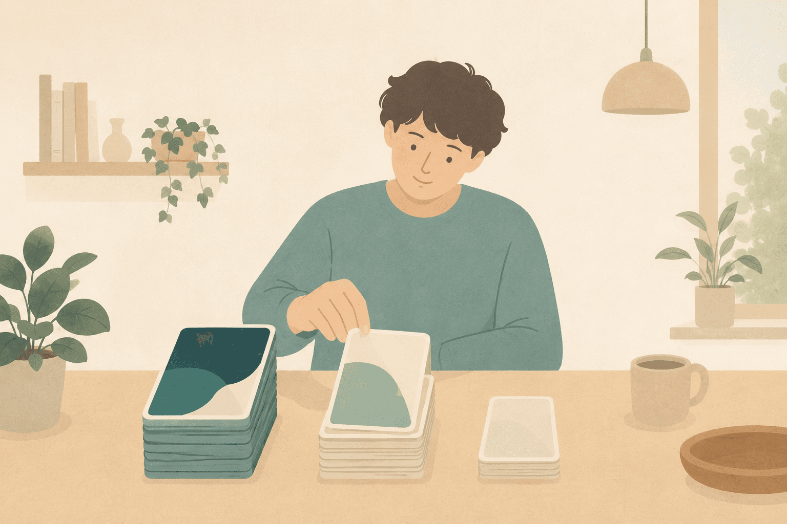 A person at a desk picking one card from three stacks with different energy levels — choosing the task that fits their current energy.