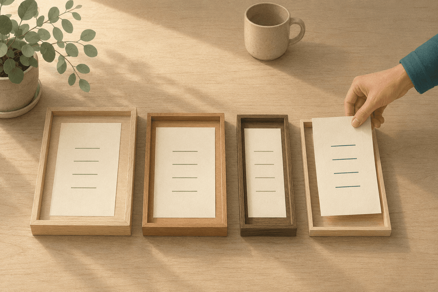 Four shallow wooden frames — different woods, different widths — stand in a row on a desk, each holding a cream sheet ruled with the same four short lines, and a hand lowers the last sheet, its lines in teal, toward the empty frame — the frame is new, the arrangement isn't.