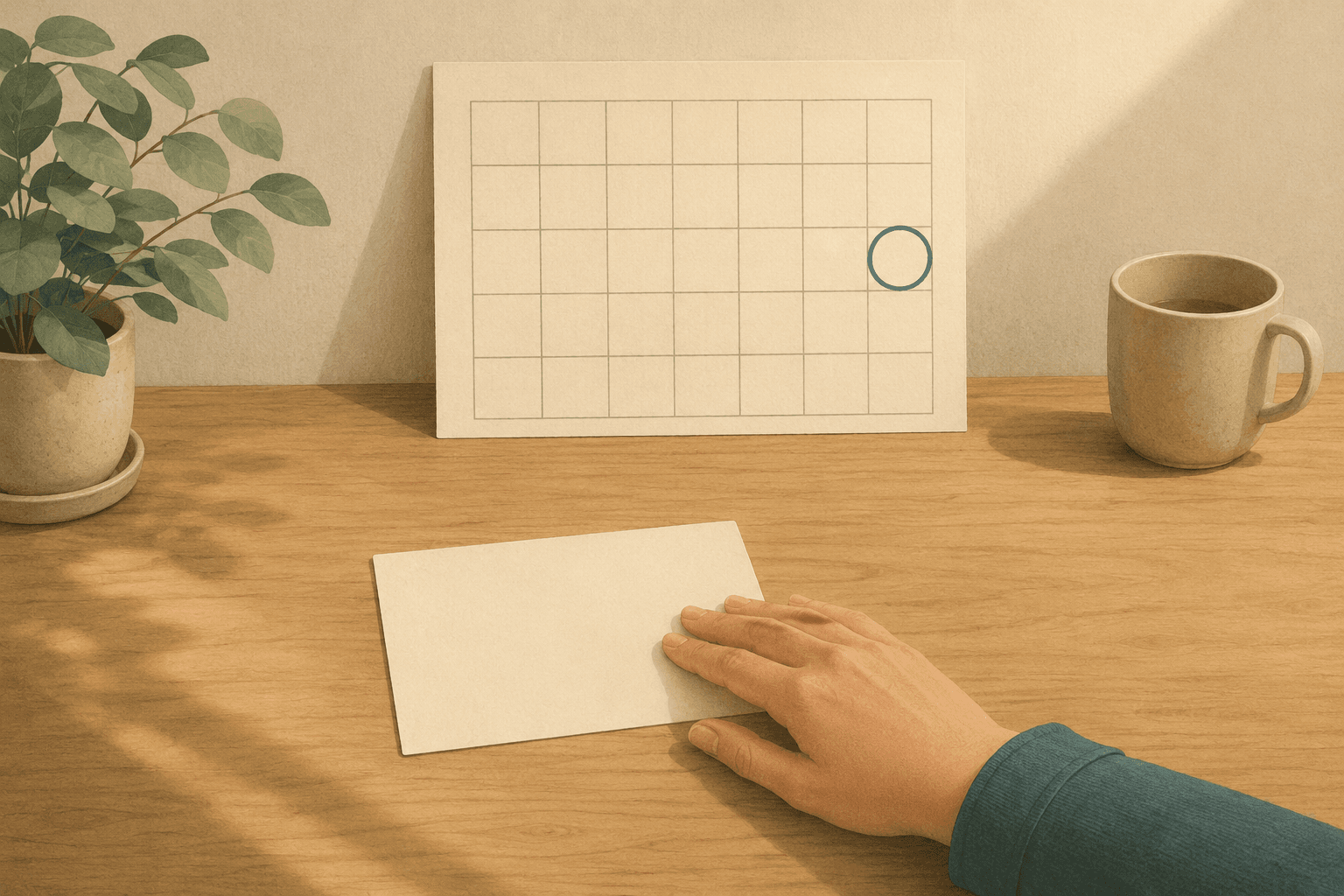 A single index card lies face-down on a desk, the work on it hidden, while the paper calendar propped behind it still shows Friday ringed in teal — the card was turned over, the ring wasn't touched.
