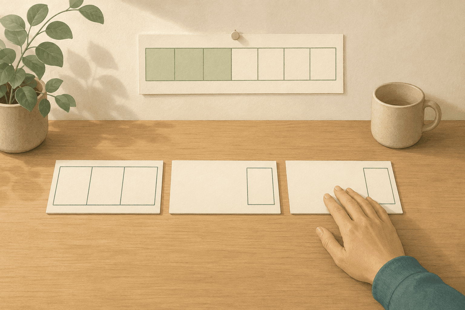 Three index cards lie in a row on a desk beneath a wall calendar whose first cells are shaded and whose last four are blank: the first card is ruled into three empty boxes across its width, while the other two carry a single empty box at the far end — nothing is ticked on any of them, and only one of them is behind.