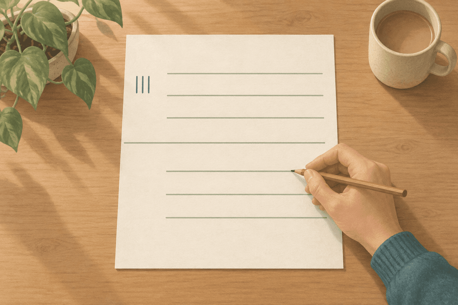 A single sheet of paper divided by one horizontal rule: the upper half holds three ruled lines with a small tally mark counting them in the margin, the lower half holds three identical lines with no tally and no number anywhere beside them.