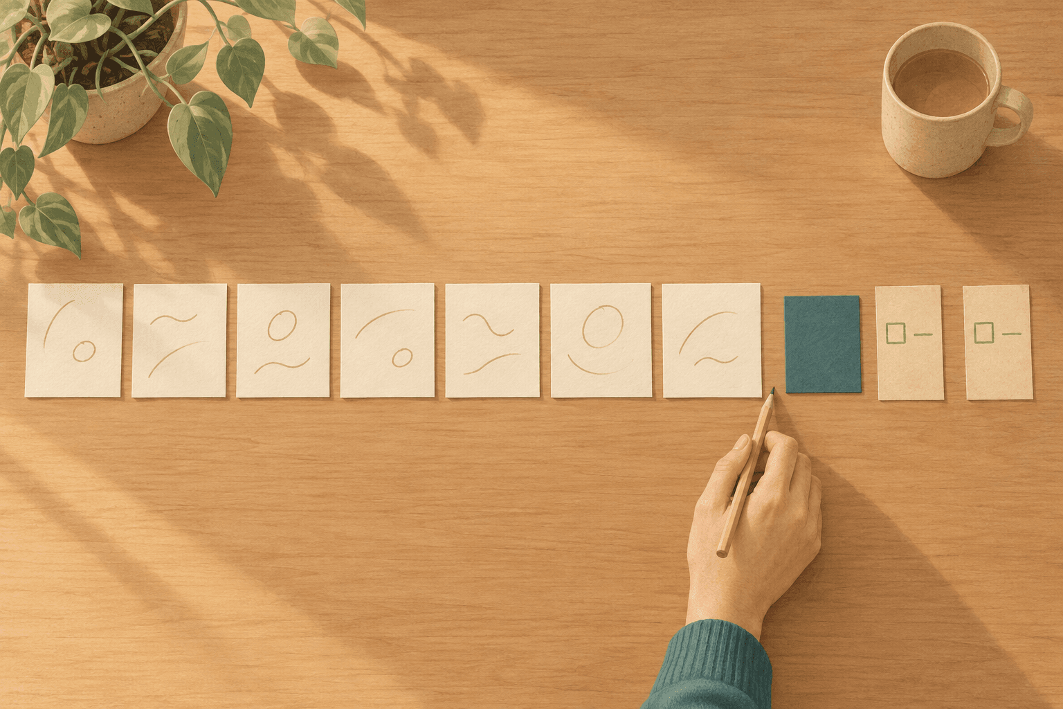 A row of cream index cards runs across a wooden desk, each sketched with a few faint lines; the last three are different — a small teal card and two narrow slips with a checkbox drawn on each — and a hand holding a pencil has stopped right where the row changes.