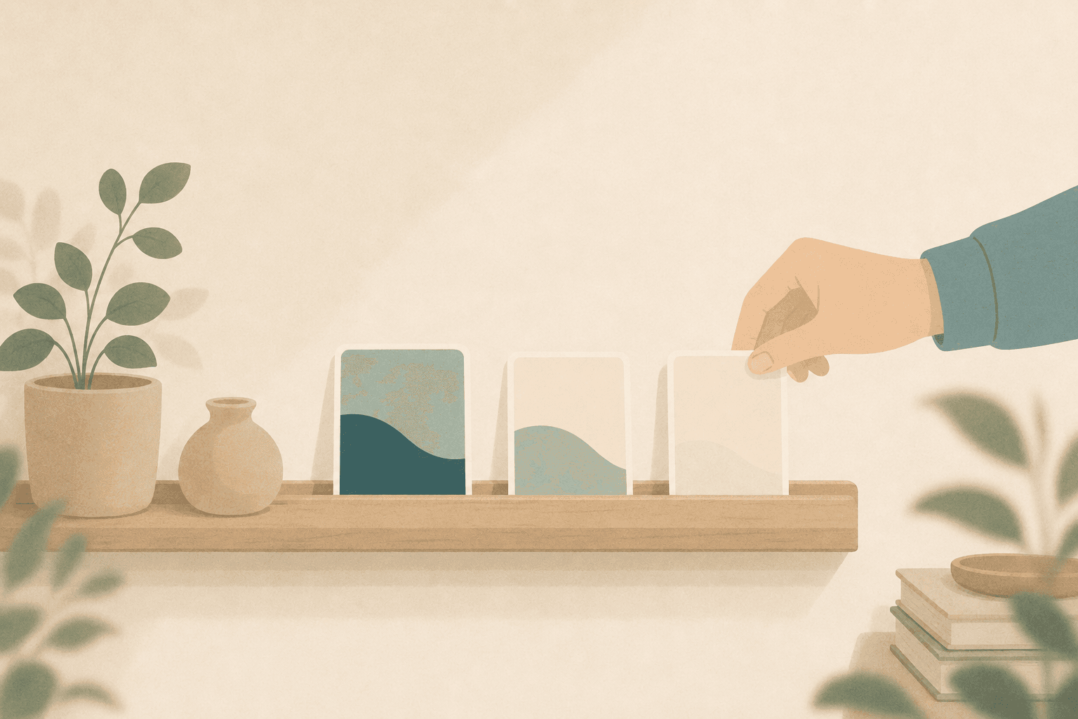 A few task-cards resting upright on a wooden shelf, a hand gently setting one more card down — a restful place to park tasks.