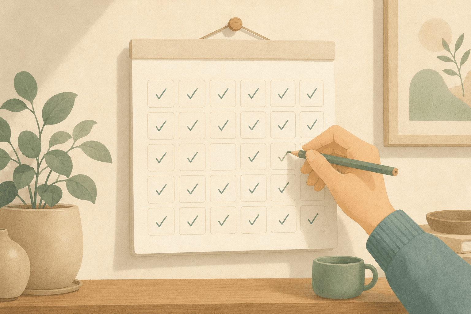 A wall calendar where most days carry a small checkmark, one day is simply blank, and a hand calmly adds today's check — the blank day costs one day, not the record.