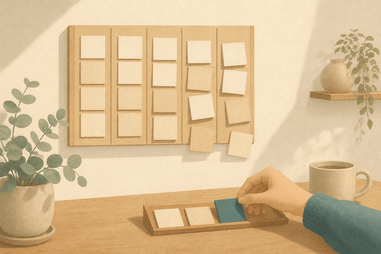A wall board of blank paper tiles for the week, tidy on the left and drifting out of alignment toward the right, while a hand calmly sets a single teal tile into an open slot on the one-day tray below — the week drifts, the day gets decided.
