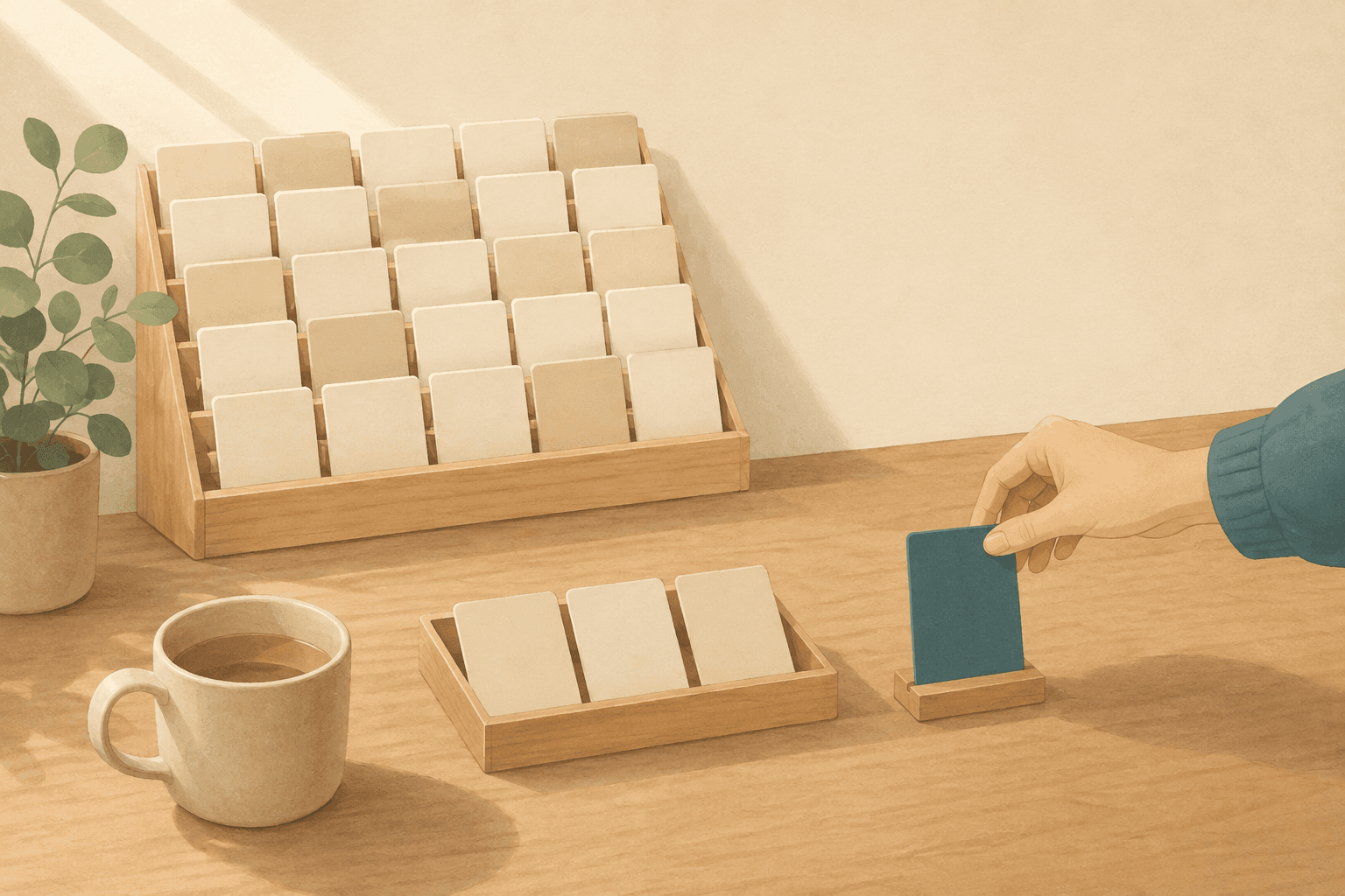 A wall rack holding many blank cards in neat rows, a desk tray in front of it with just three cards drawn from it, and a hand calmly standing one teal card on its own stand — the inventory stays whole; what gets narrowed is the choosing.