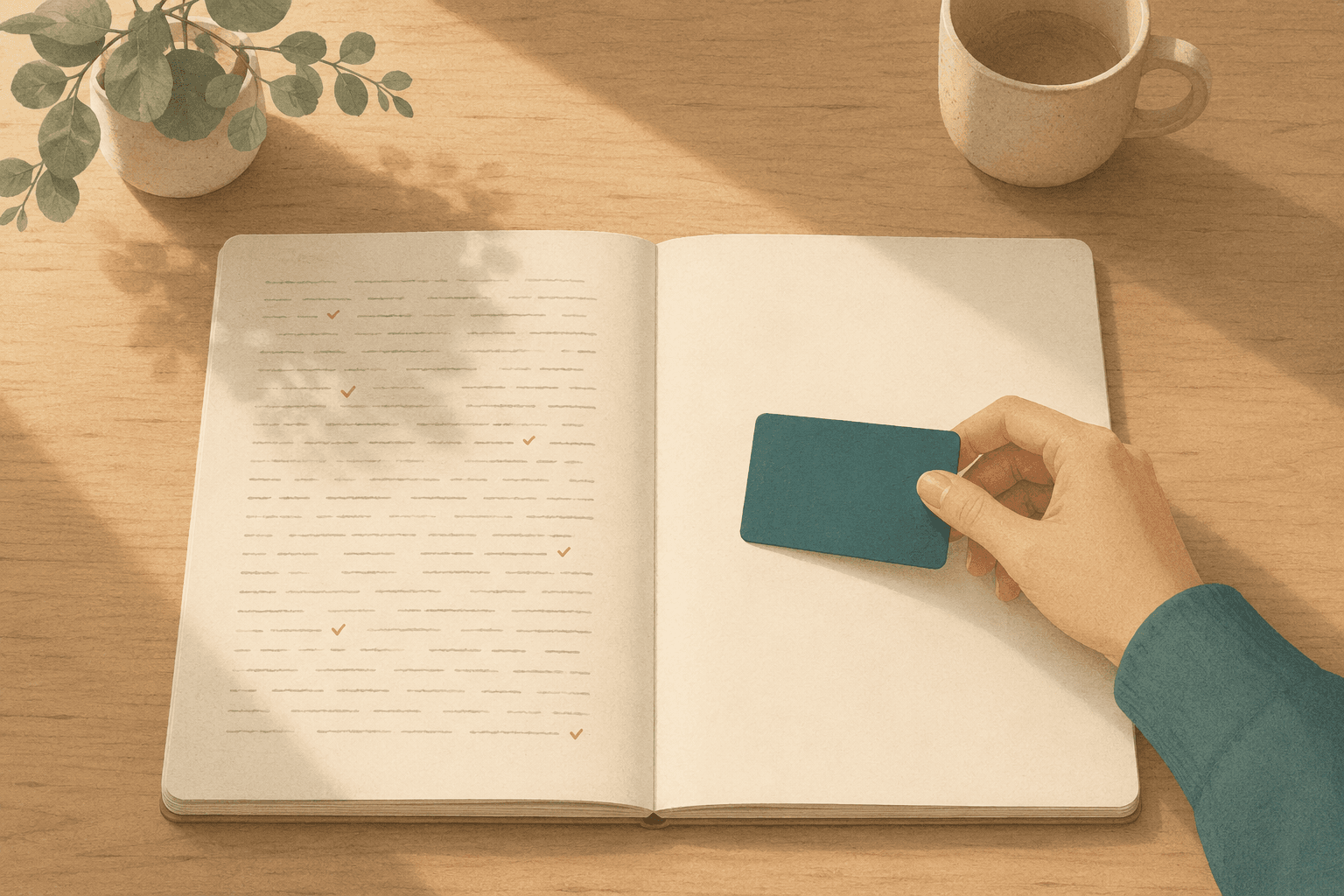 A desk on two consecutive mornings: on the left a page crowded with carried-over items and red marks, on the right a clean blank page with a single card set on it, a hand calmly beginning — the day that was missed stays behind, and this morning starts empty.