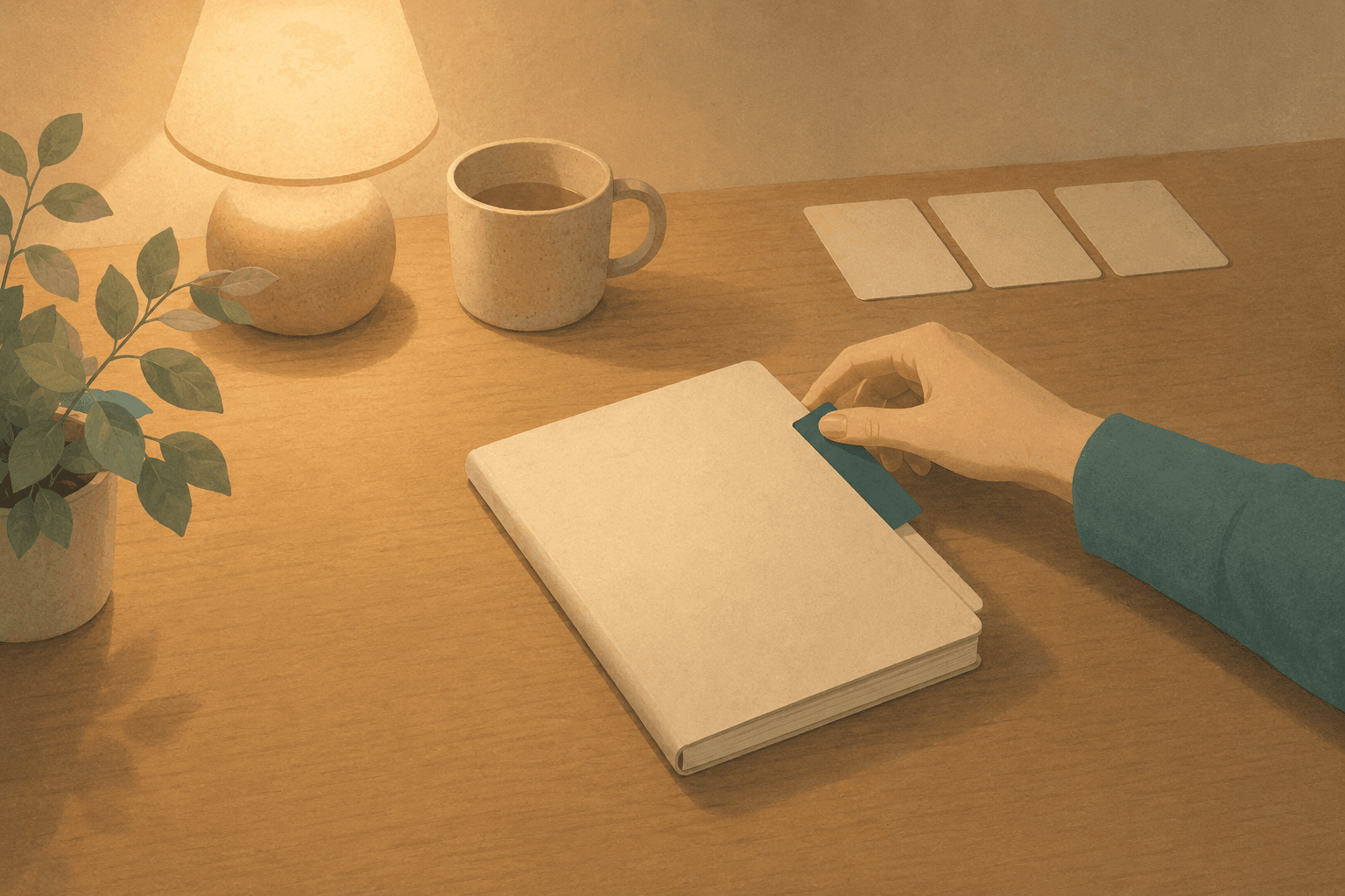 A desk at the end of the evening, lit by a warm lamp: a hand calmly tucks a single teal card between the pages of a nearly closed notebook while a few finished cards lie face-down nearby — the open question gets a place to wait, so the evening is allowed to close.