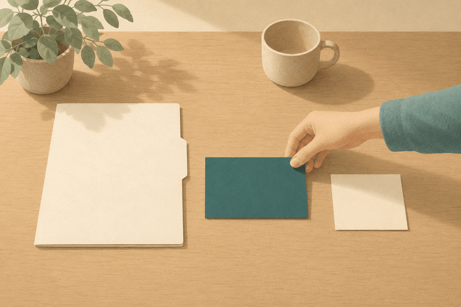 Three blank papers of clearly different sizes lie in a row on a wooden desk — a large folder, a mid-sized card, a small note — and a hand sets a single teal card into the middle position — the size that can actually be finished is the one in between.