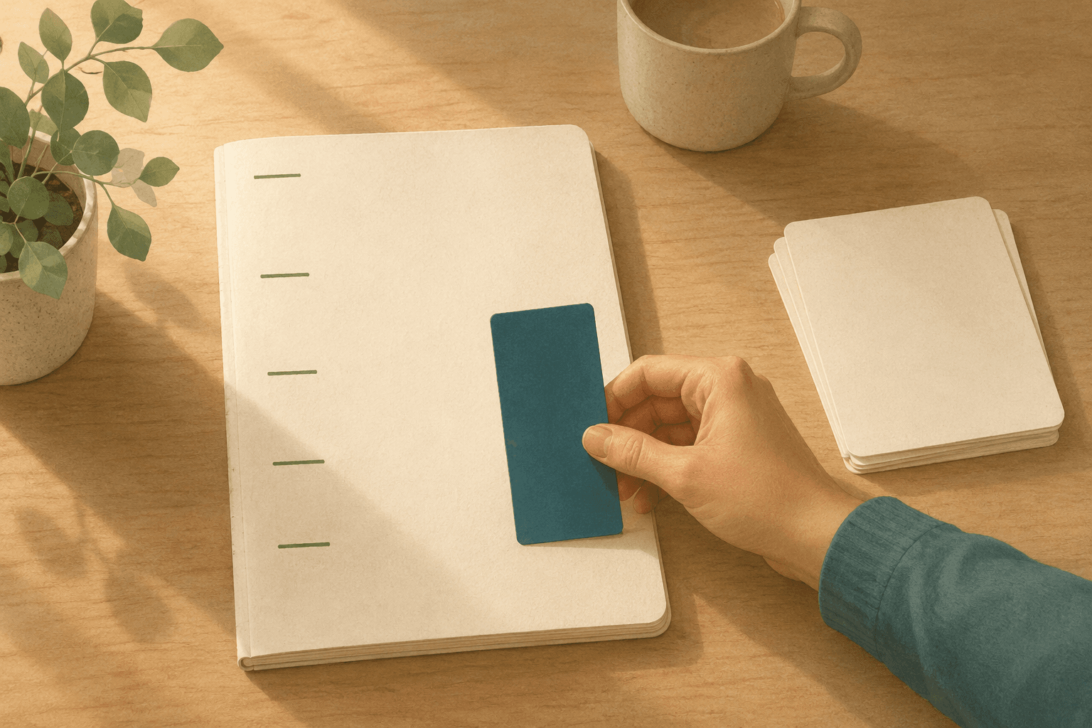 A notebook page ruled with five marks down the left edge, leaving four empty spaces between them, while a hand holds one teal card upright against the page — taller than the space it would have to fit, with the rest still stacked and unplaced.