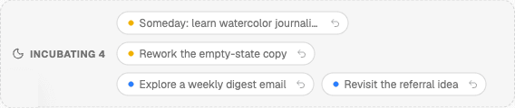 The Incubating shelf in Canvas Tasks. A row of task cards sits with no due dates and no elapsed-day warnings; each card has an icon to send it back to in progress.