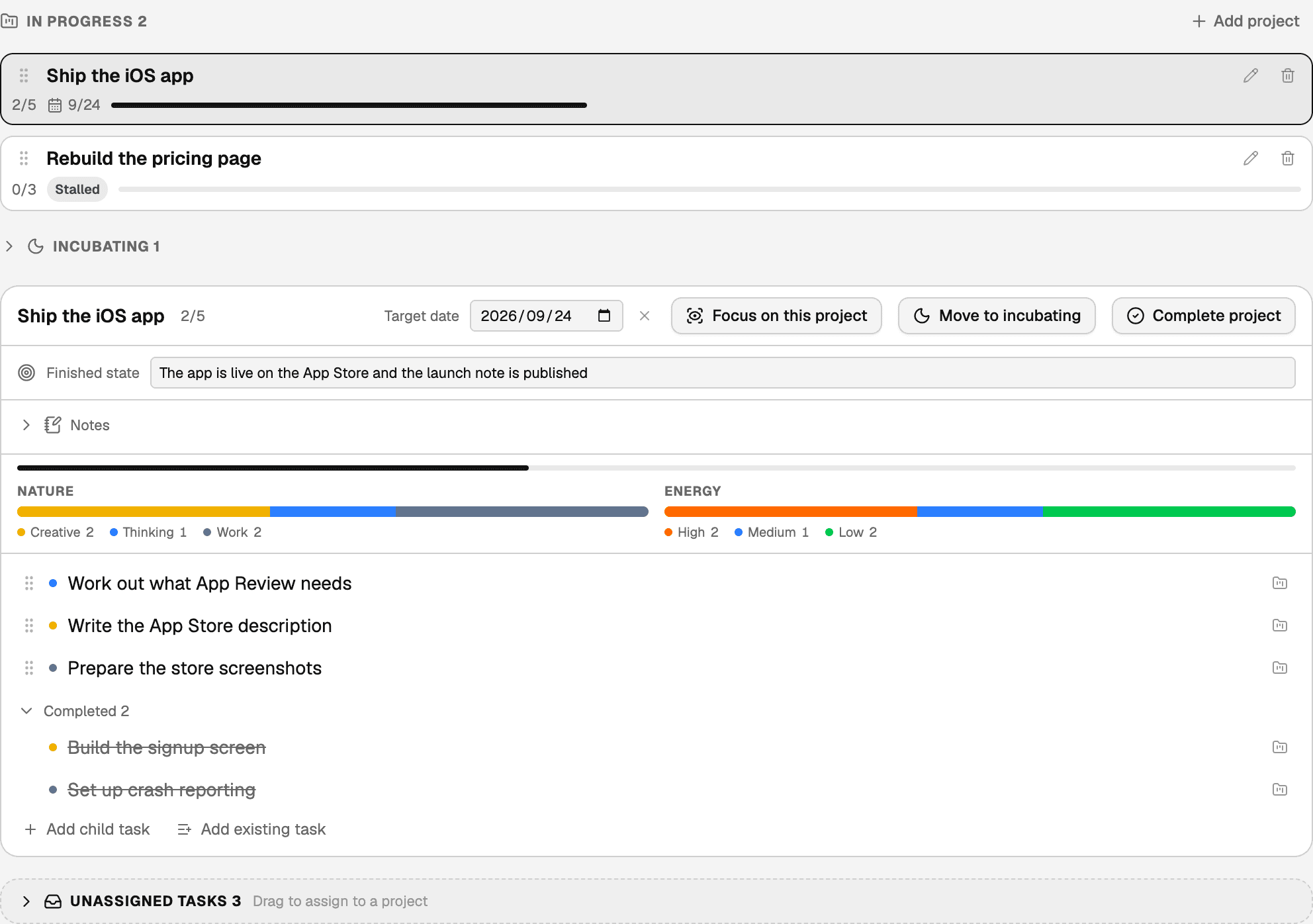 The Projects view in Canvas Tasks. In the list, "Ship the iOS app" shows 2/5 child tasks done with a target date, and "Rebuild the pricing page" shows 0/3 with a Stalled badge; below them sits a collapsed Incubating shelf. The detail pane shows the finished state in one line, a breakdown of the child tasks by Nature and Energy, and the five child tasks — two struck through as done.