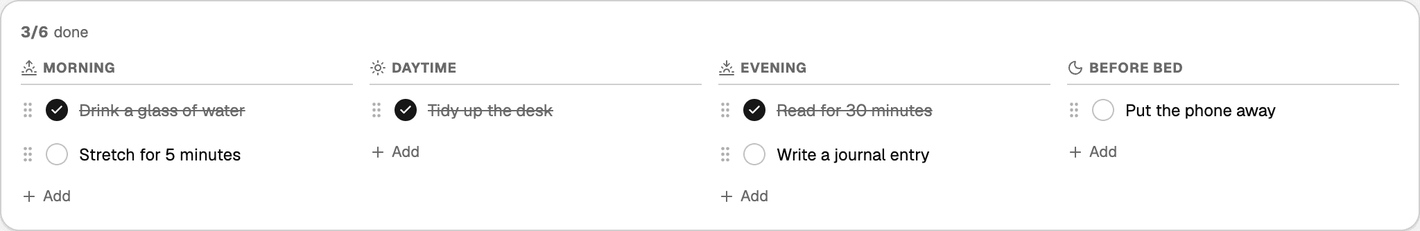 The Routines section in Canvas Tasks's Today home: four time-of-day columns — Morning, Daytime, Evening, Before bed — each with small checkable habit items, and a count of today's completed routines above.