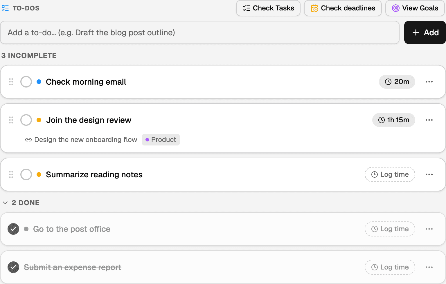 The To-Dos section of the Today home in Canvas Tasks: a day-scoped list carrying no due dates and no overdue markers — three incomplete items, with the two already completed grouped underneath.