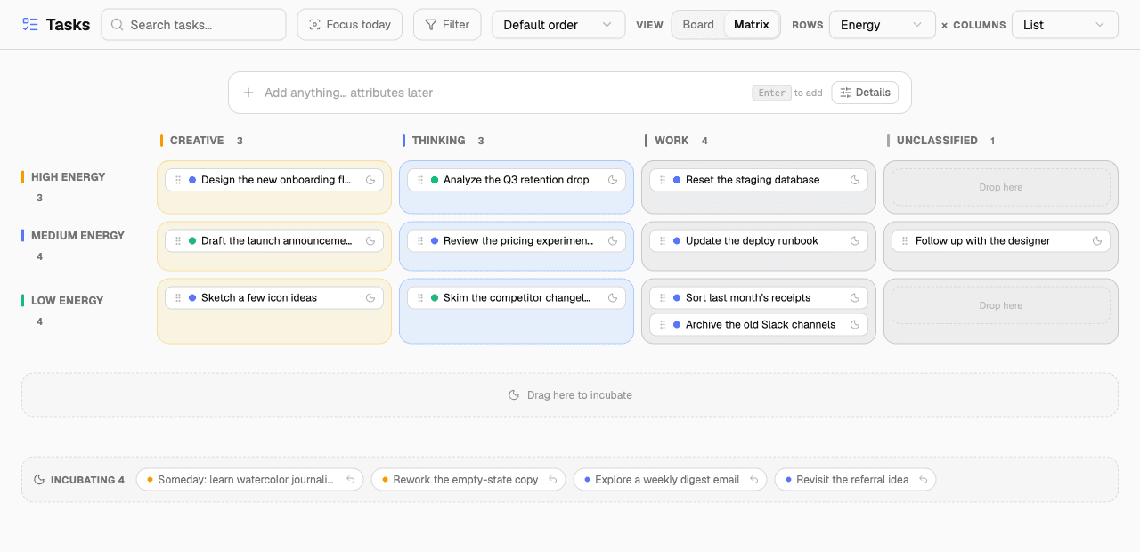 The Tasks matrix screen