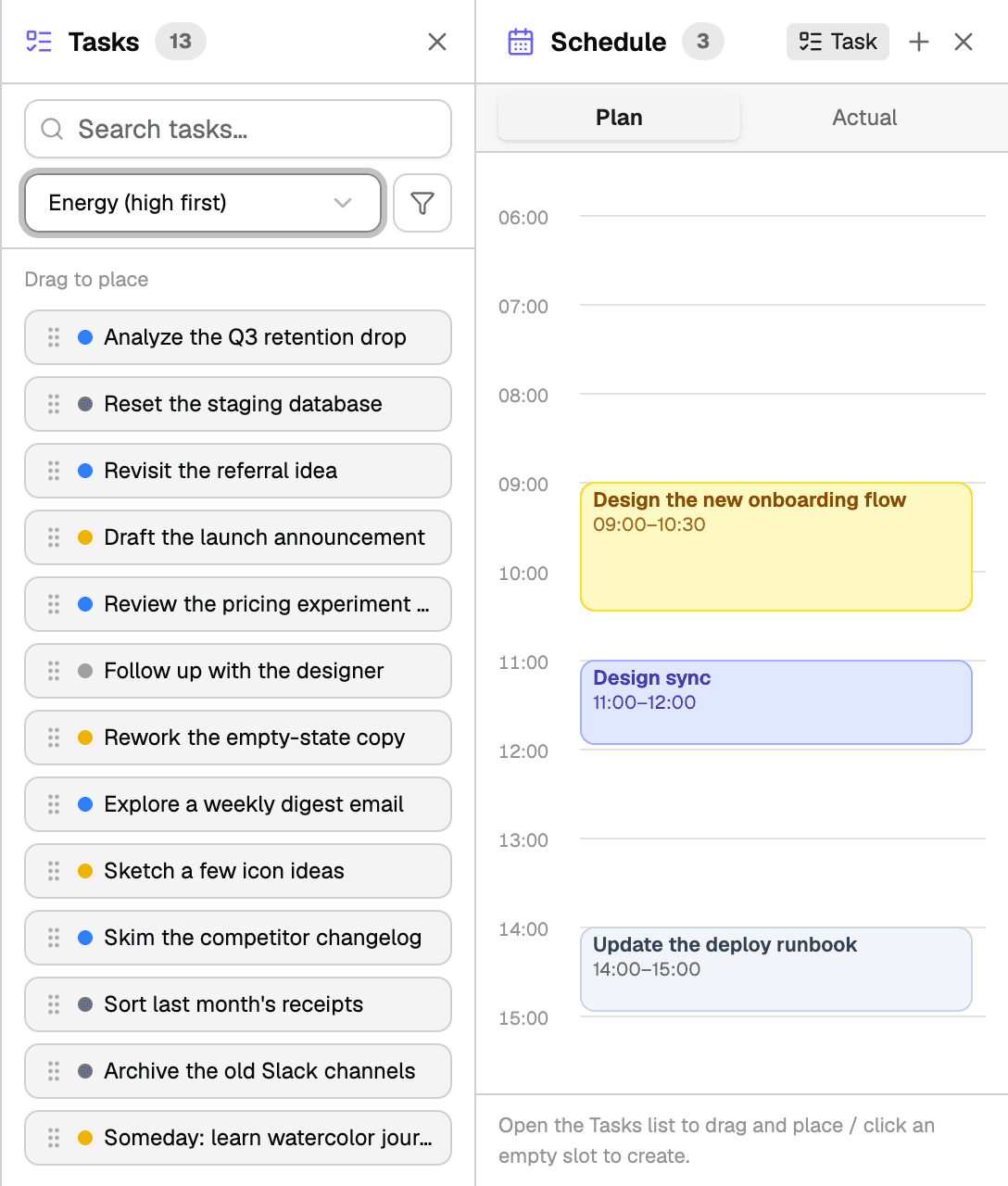The day timeline in Canvas Tasks with two work plan blocks placed in the morning and afternoon, the task panel open beside it sorted by energy, and an open gap between commitments.